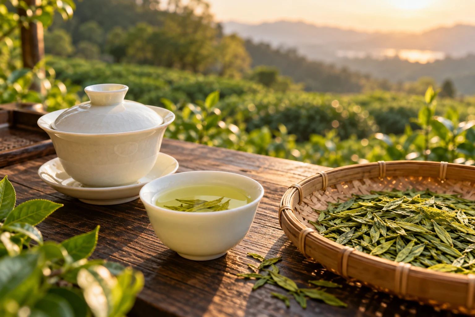Green tea, a gaiwan and tea leaves